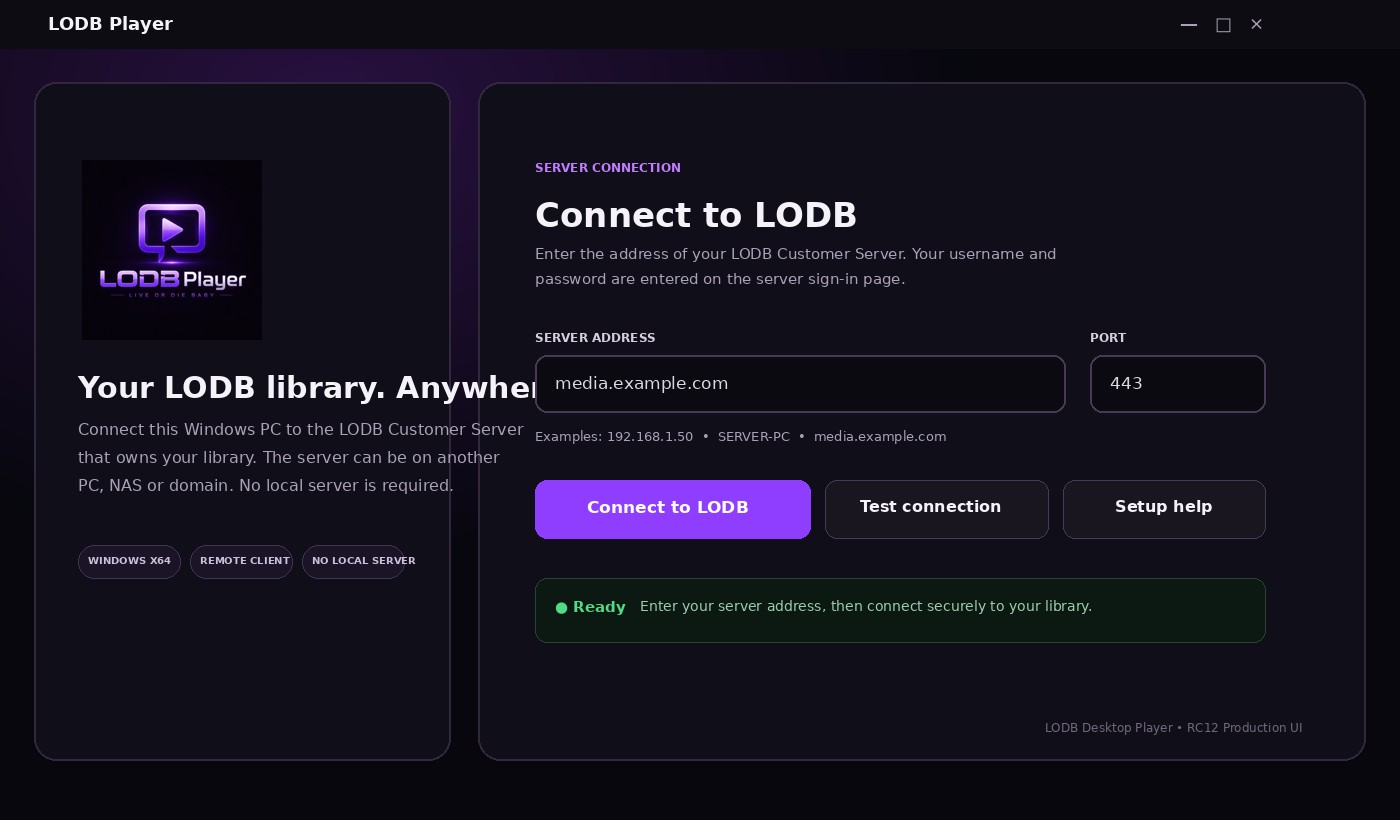 LODB Desktop Player connection screen